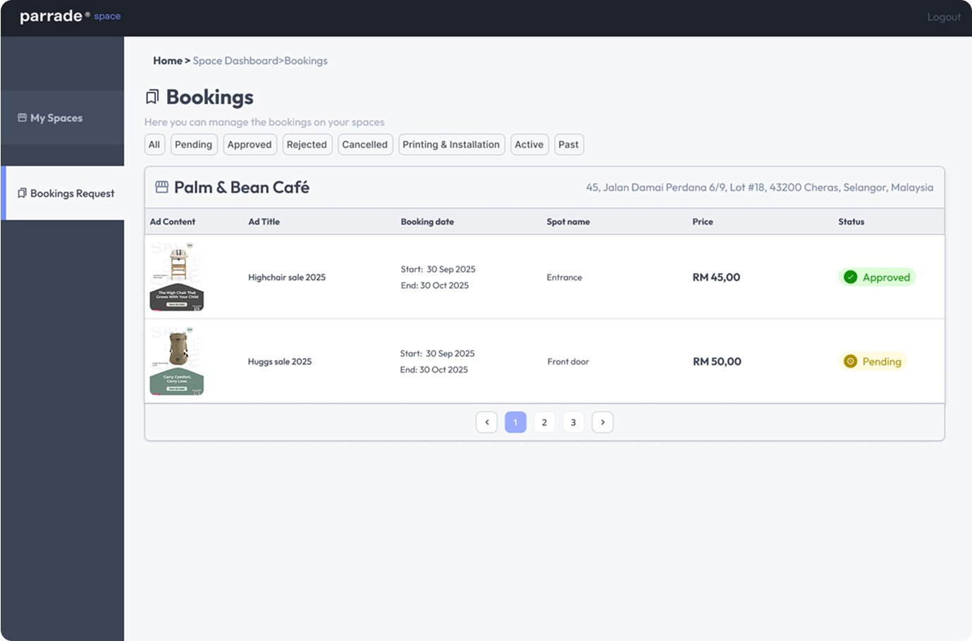 Parrade dashboard for managing spaces and bookings