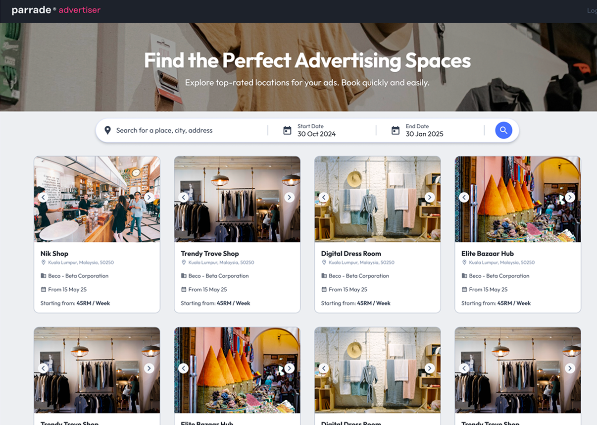 Parrade platform dashboard showing various locations