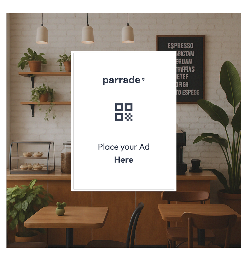 A stylish room with a digital ad frame on the wall